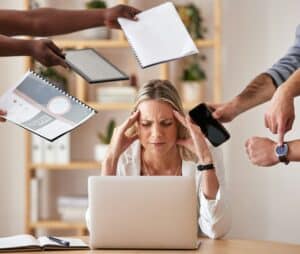 Burnout, headache and stress business woman or entrepreneur working with depression, anxiety and me