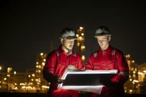 Engineer survey team wear uniform and helmet stand workplace checking blueprint project and radio co
